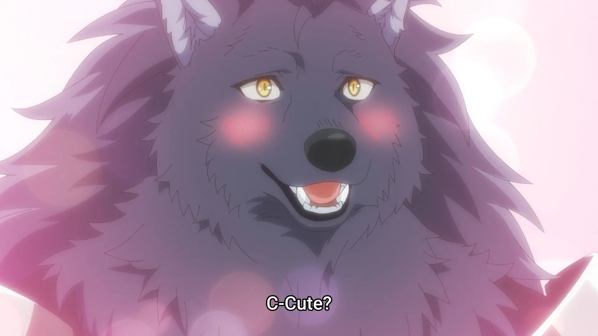 Screenshot from the anime "Kanteishi (Kari)" showing a wolf persona blushing heavily and saying "C-Cute?".