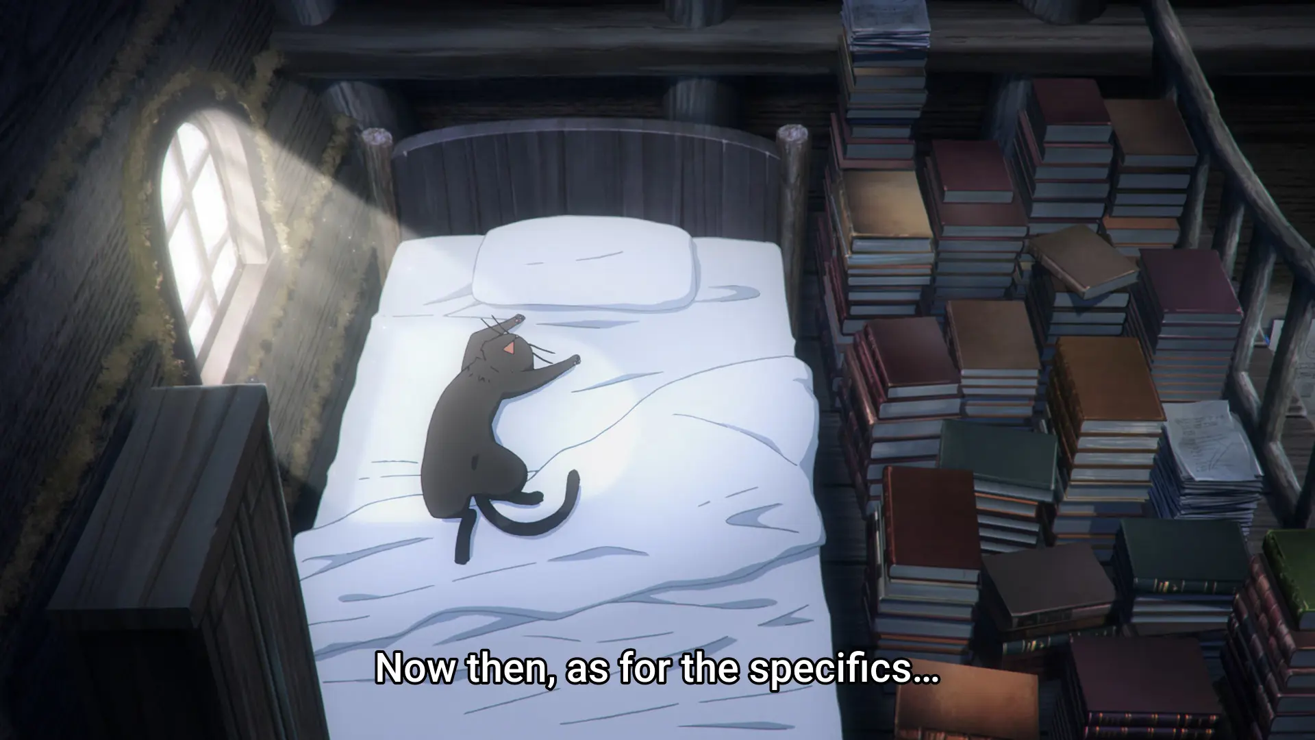 Screenshot from the anime "Silent Witch - Chinmoku no Majo no Kakushigoto" showing a black cat lying on a bed all stretched out. There's a window next to the bed, illuminating the spot where the cat is lying. On the other side are piles of books.