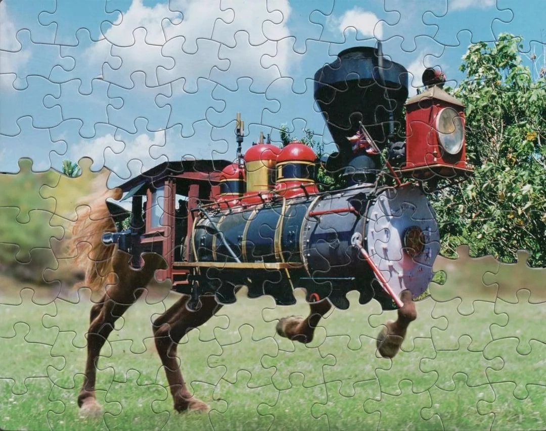 A solved puzzle which is comprised of the parts of two puzzles. They have been inserted such that the image depicts a locomotive with horse legs running on a meadow.