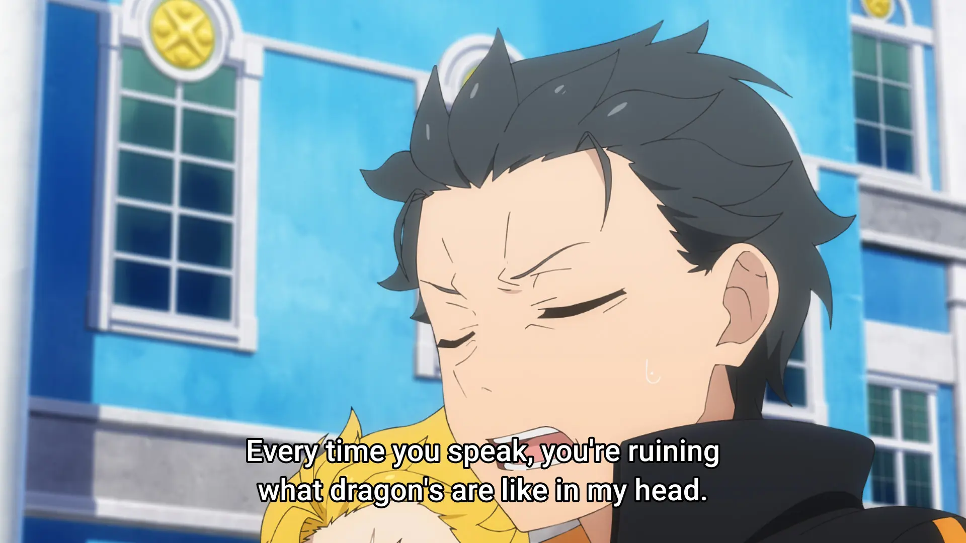 Screenshot showing Subaru from the sane anime. He says: "Every time you speak,. you're ruining what dragons are like in my head."