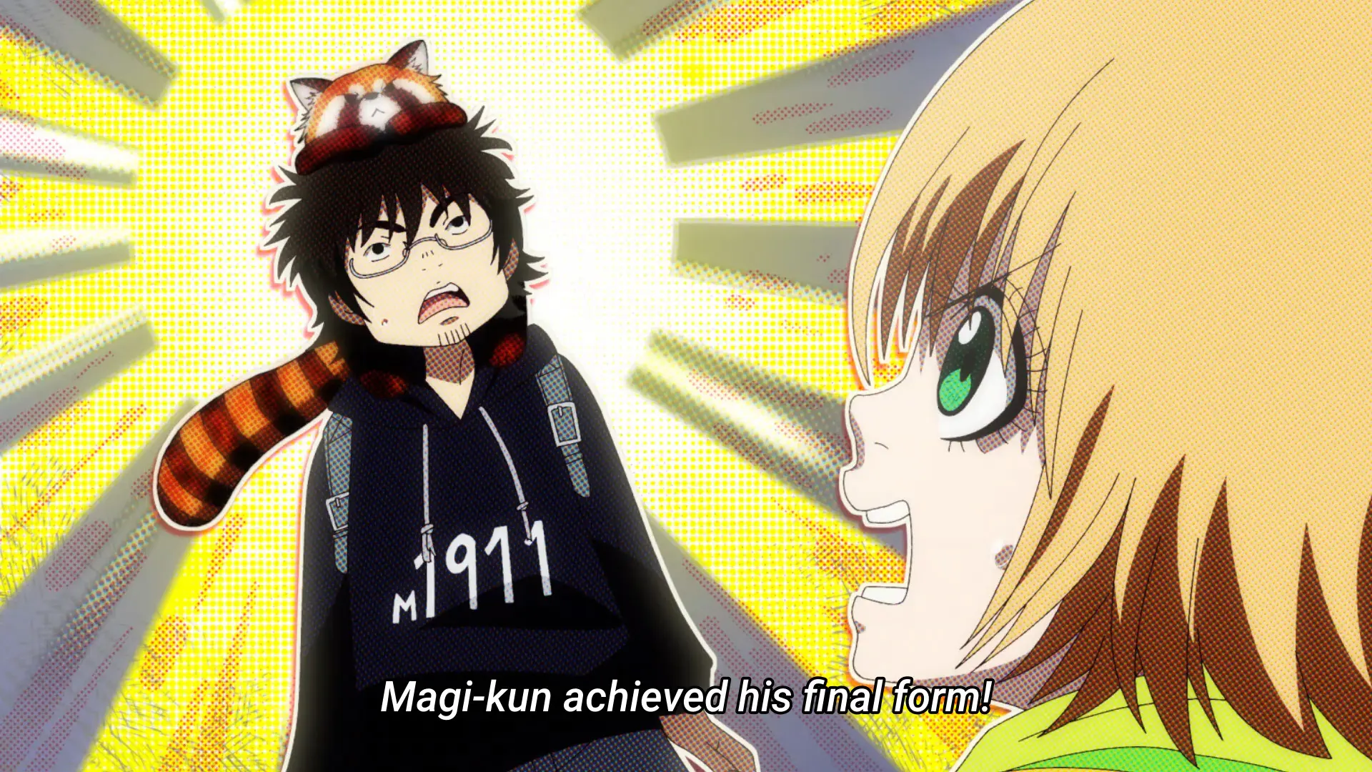 Screenshot from the anime "Dekin no Mogura" featuring two university students. One of them, a man, has a red panda sitting on his shoulders and putting its paws and head on his head. The other one, a woman, looks at him in awe and shouts "Magi-kun achieved his final form!"