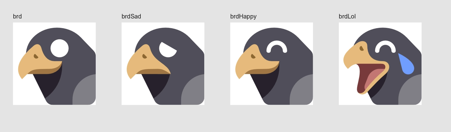 4 emojis depicting a gray bird with a yellow beak.