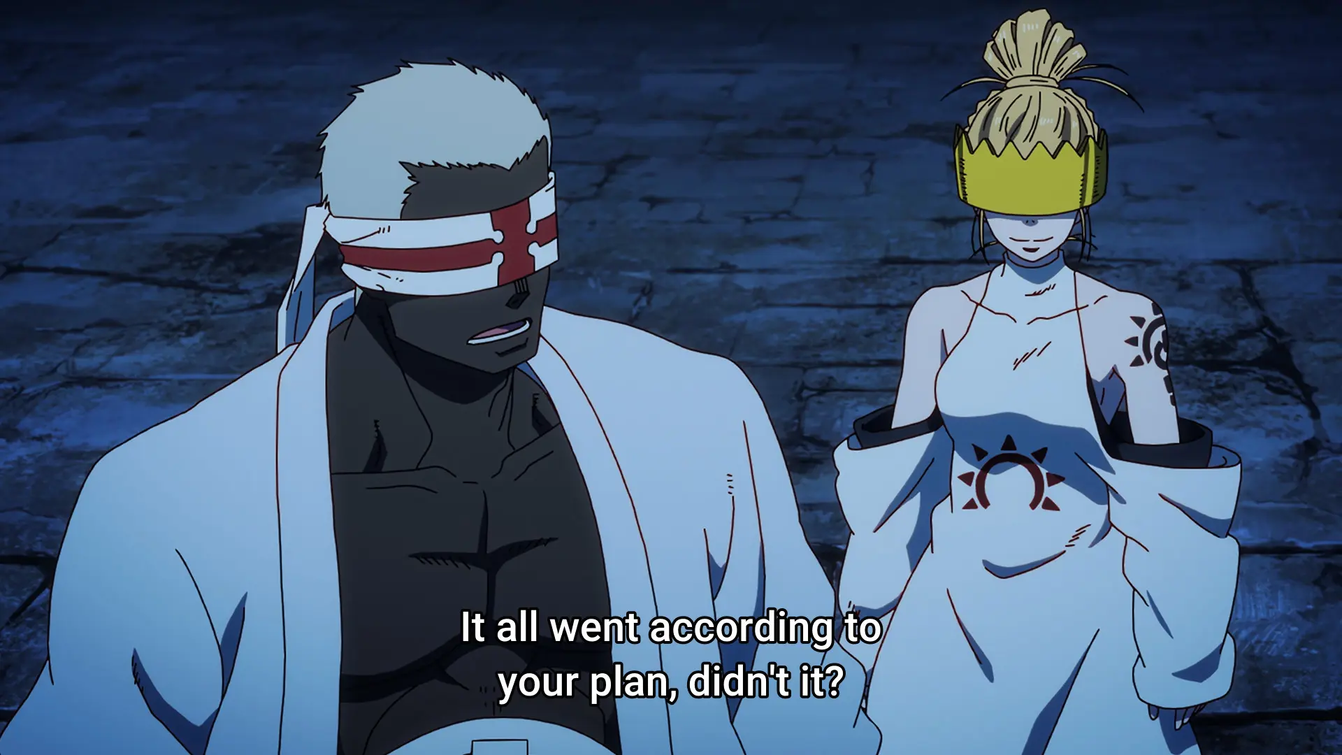 Screenshot from the anime "Enen no Shouboutai Season 3" where Charon says "It all went according to your plan, didn't it?"