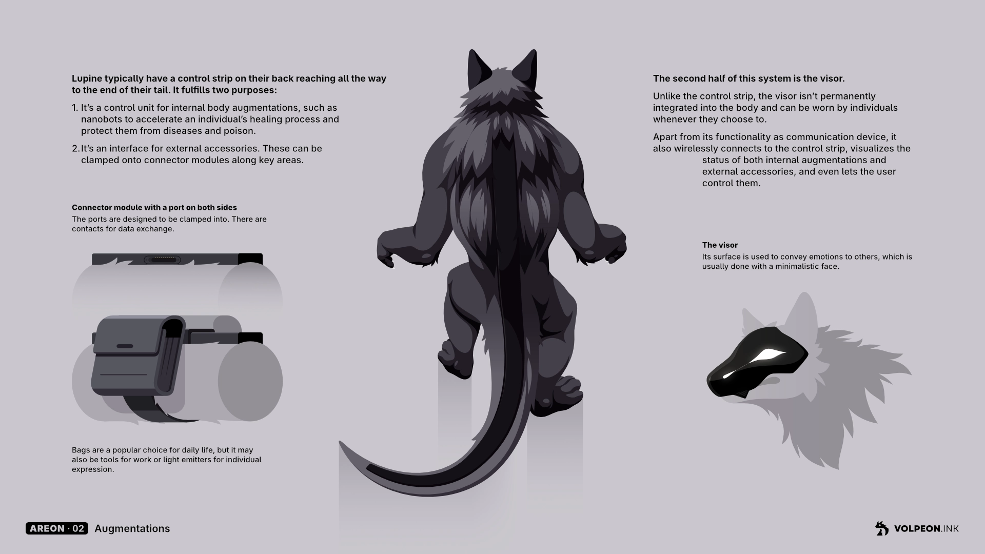 Vector art of Areon, my werewolf-like alien character. It's one page of his character sheet about the control strip, a black strip on his back going all the way down to the tip of his kangaroo-like tail.

"Lpine typically have a control strip on their back reaching all the way to the end of their tail. It fulfills two purposes:
1.	It’s a control unit for internal body augmentations, such as nanobots to accelerate an individual’s healing process and protect them from diseases and poison.
2.	It’s an interface for external accessories. These can be clamped onto connector modules along key areas."

There's a small drawing of the strip showing the connector, and one more with a bag attached.

"The second half of this system is the visor. 
Unlike the control strip, the visor isn’t permanently integrated into the body and can be worn by individuals whenever they choose to.
Apart from its functionality as communication device, it also wirelessly connects to the control strip, visualizes the status of both internal augmentations and  external accessories, and even lets the user control them."

There's a small drawing afterwards of Areon wearing a black visor with white shapes rendered on its surface resembling eyes and nostrils.