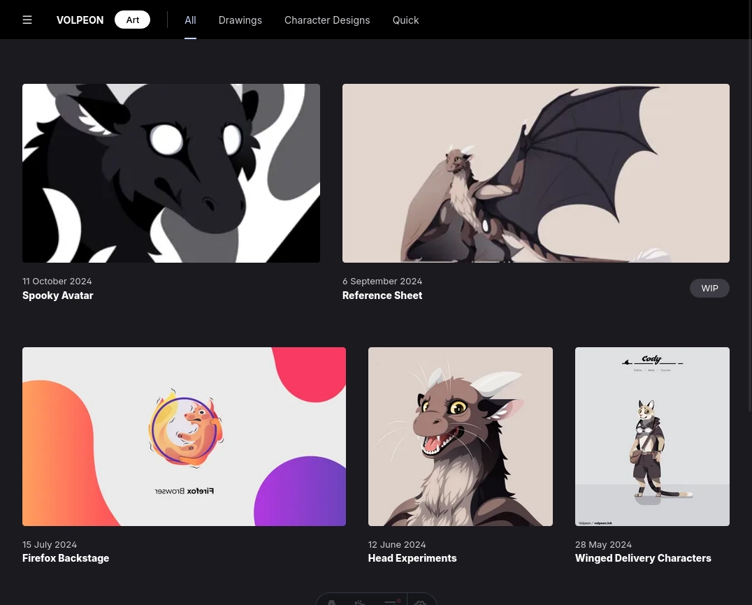 Screenshot of my website showing an image gallery and a header above. The page title is "VOLPEON  Art". There are tabs named "All", "Drawings", "Character Designs", and "Quick".