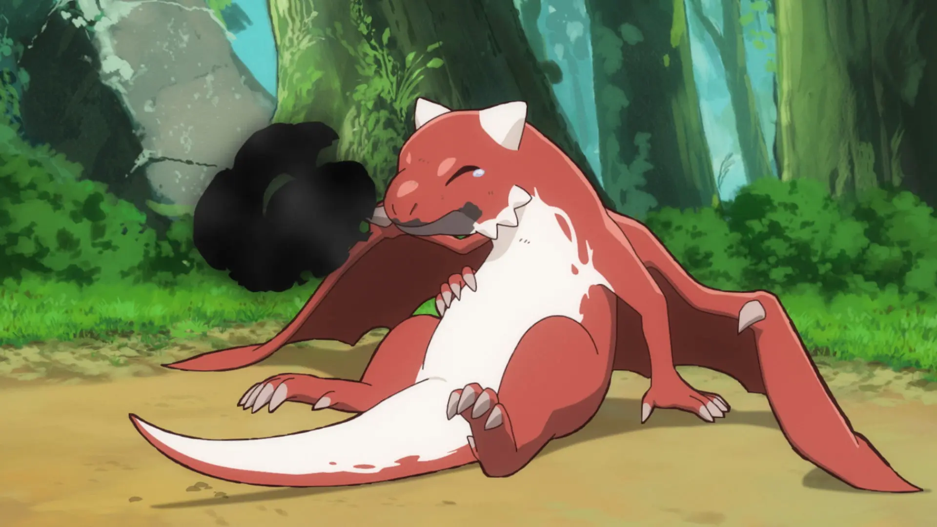 Screenshot from the anime showing a baby red dragon sitting on the ground, eyes closed and a puff of smoke in front of its face.