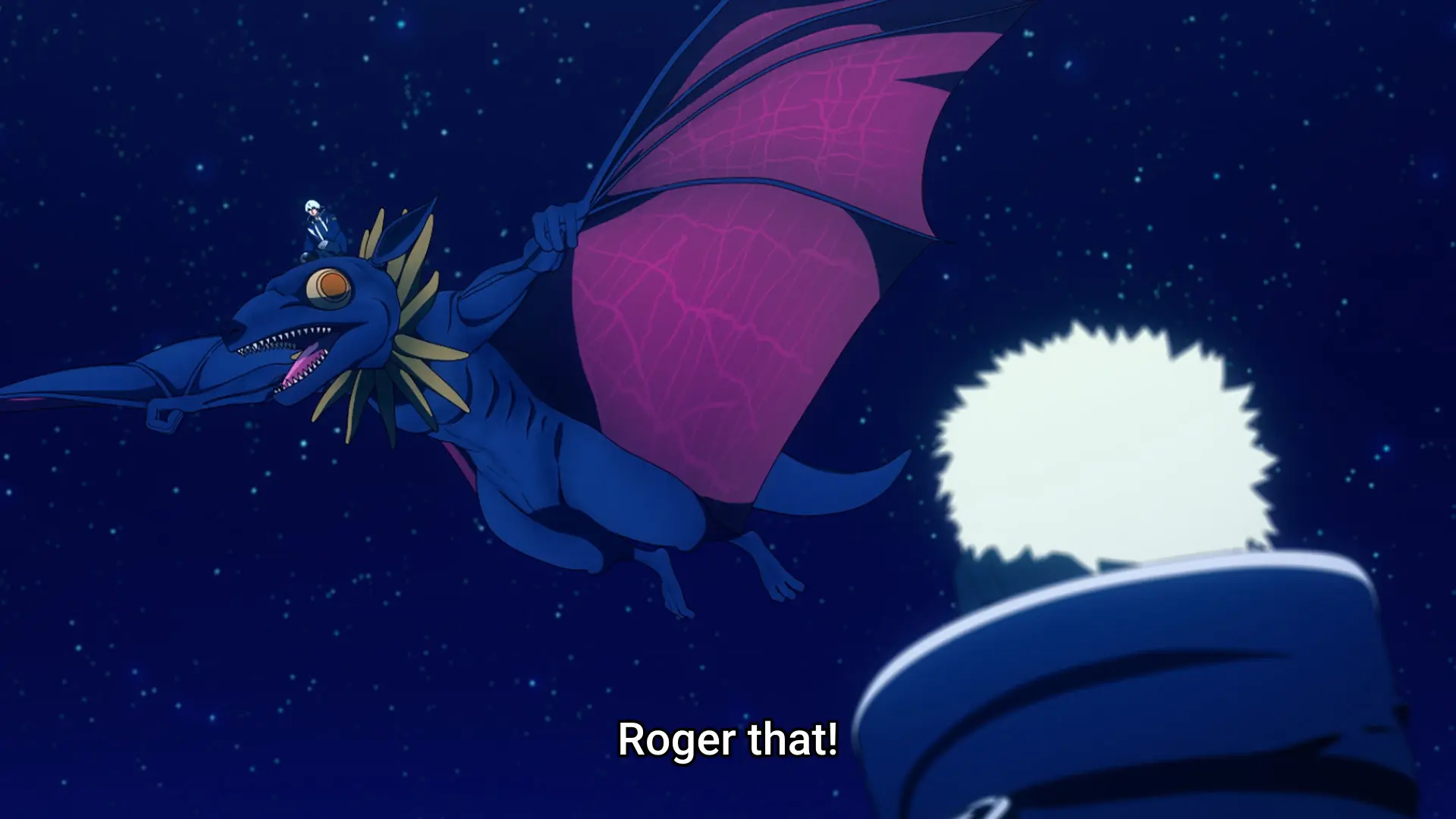 Screenshot from the anime "Snowball Earth" showing a flying kaiju who's design looks like a mixture between bat and wyvern.