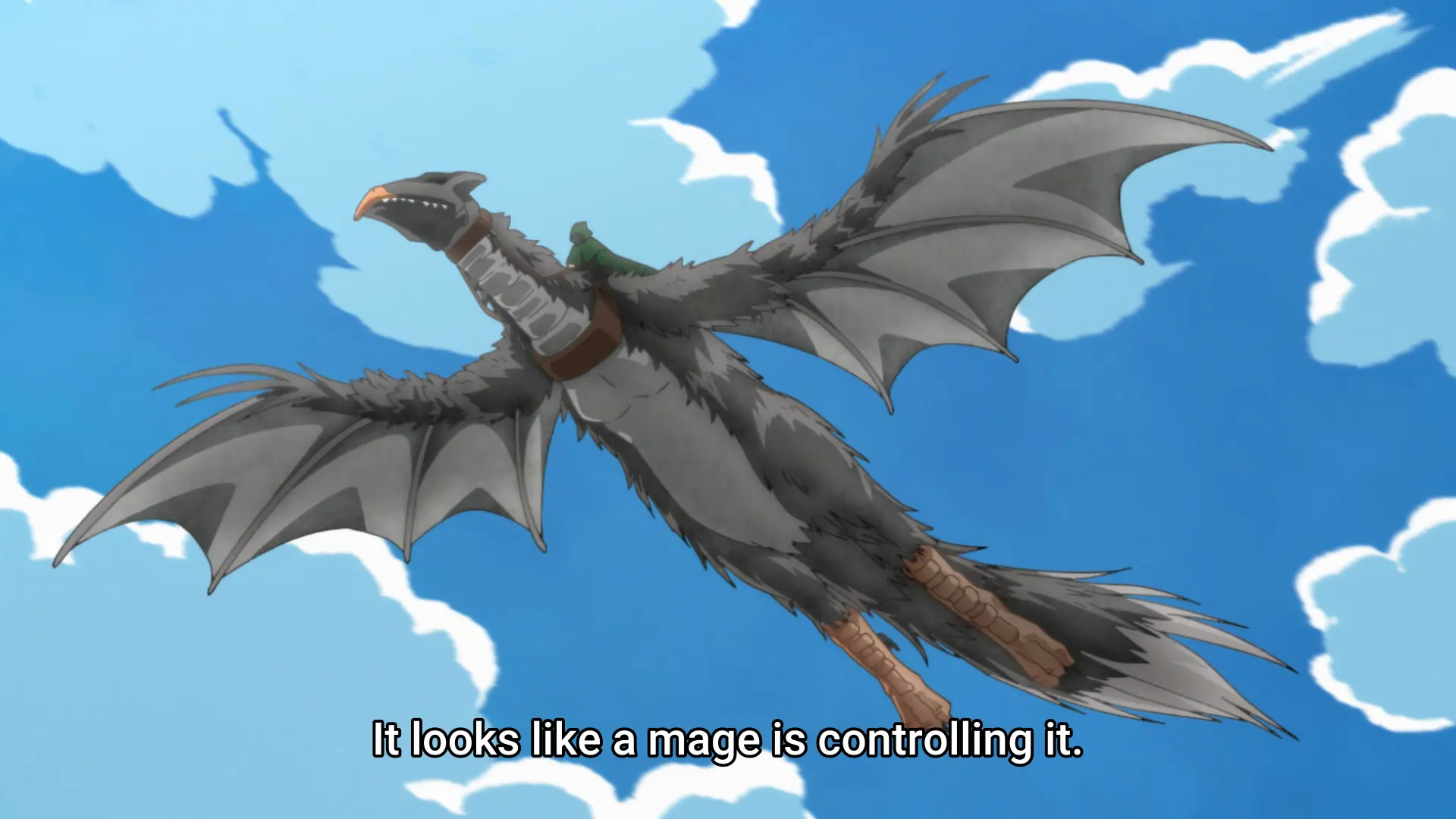 Screenshot from the same anime, now showing the wyvern. The wings are all weird.