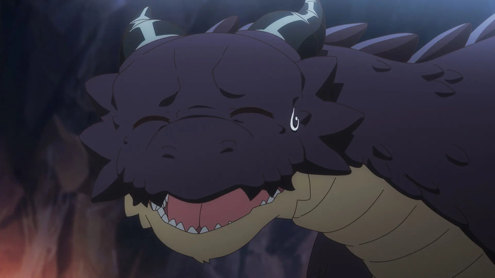 Screenshot from the donghua "Yowai 5000-nen no Soushoku Dragon" showing a dragon laughing nervously.