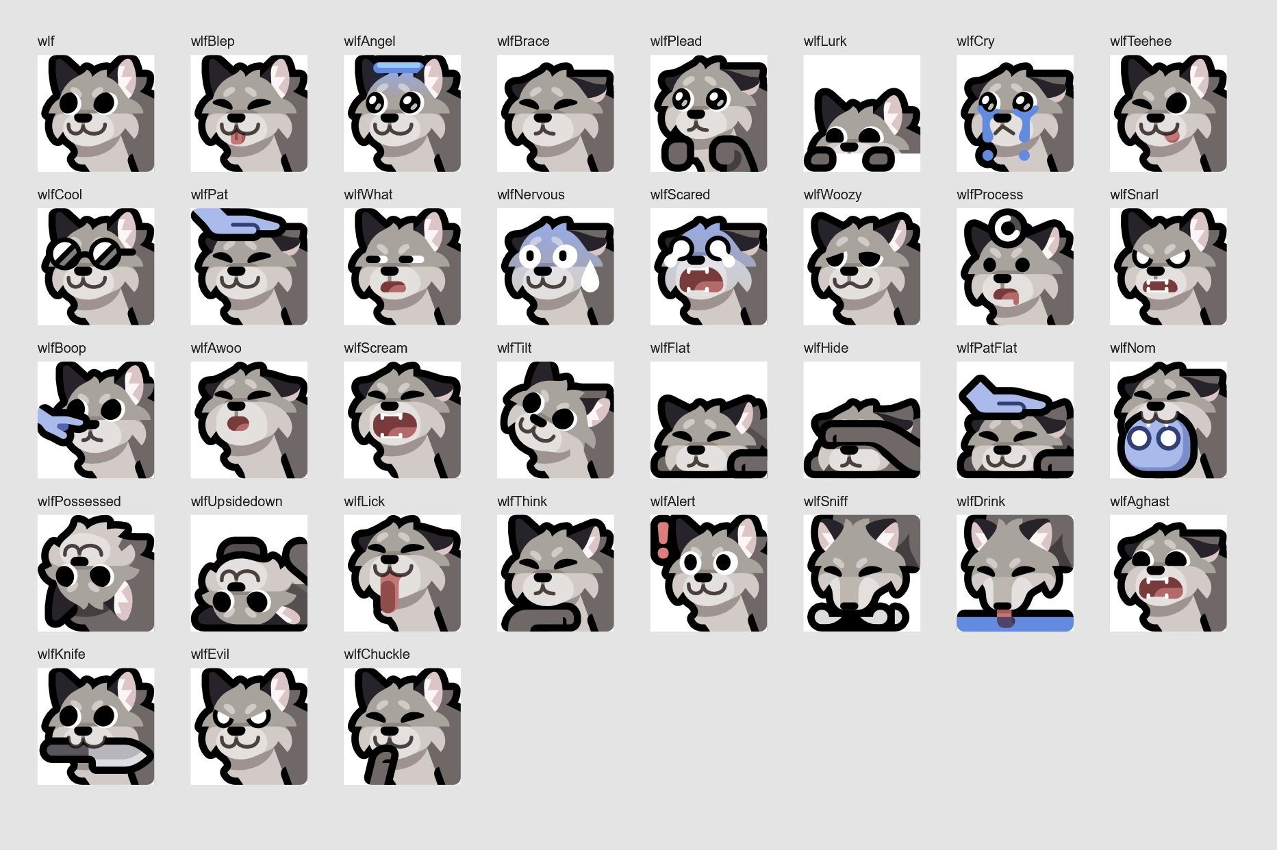 Emojis of a gray wolf character laid out in a 8x5 grid.